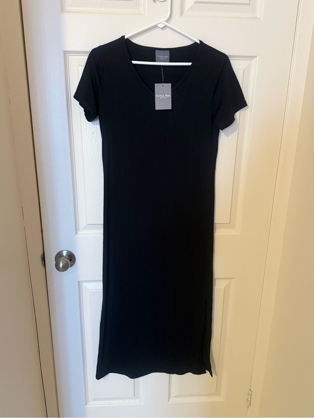 Olivia Rae Black V-Neck Short Sleeve Maxi Dress with slit on one side